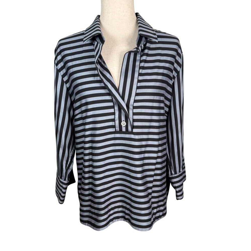 Hinson Wu Striped Gingham Mixed Print Tunic Blouse Sz 1 Blue‎ Black Button Back